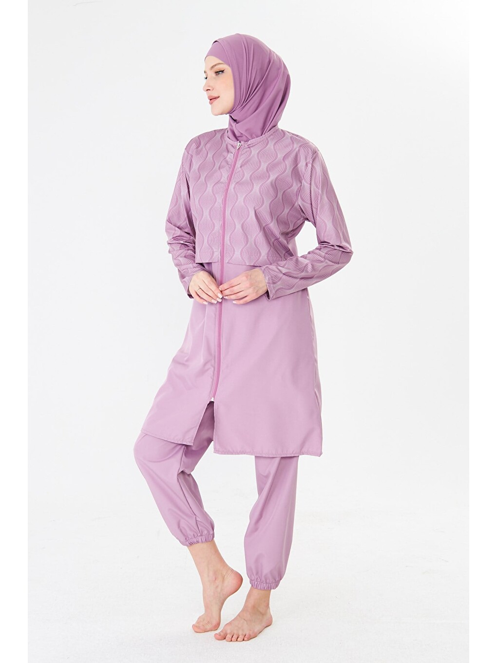 Tam Kapalı Büyük Beden Paraşüt Kumaş Desenli Tesettür Mayo Pembe-3501b-4