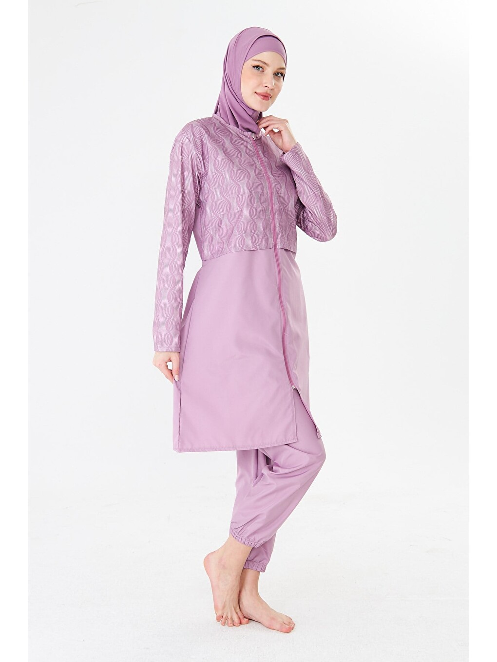 Tam Kapalı Büyük Beden Paraşüt Kumaş Desenli Tesettür Mayo Pembe-3501b-5