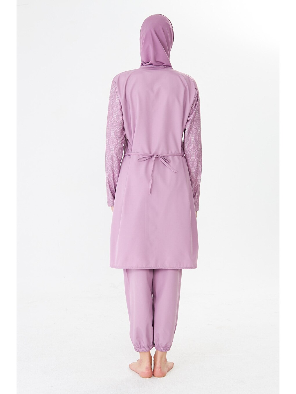Tam Kapalı Büyük Beden Paraşüt Kumaş Desenli Tesettür Mayo Pembe-3501b-6
