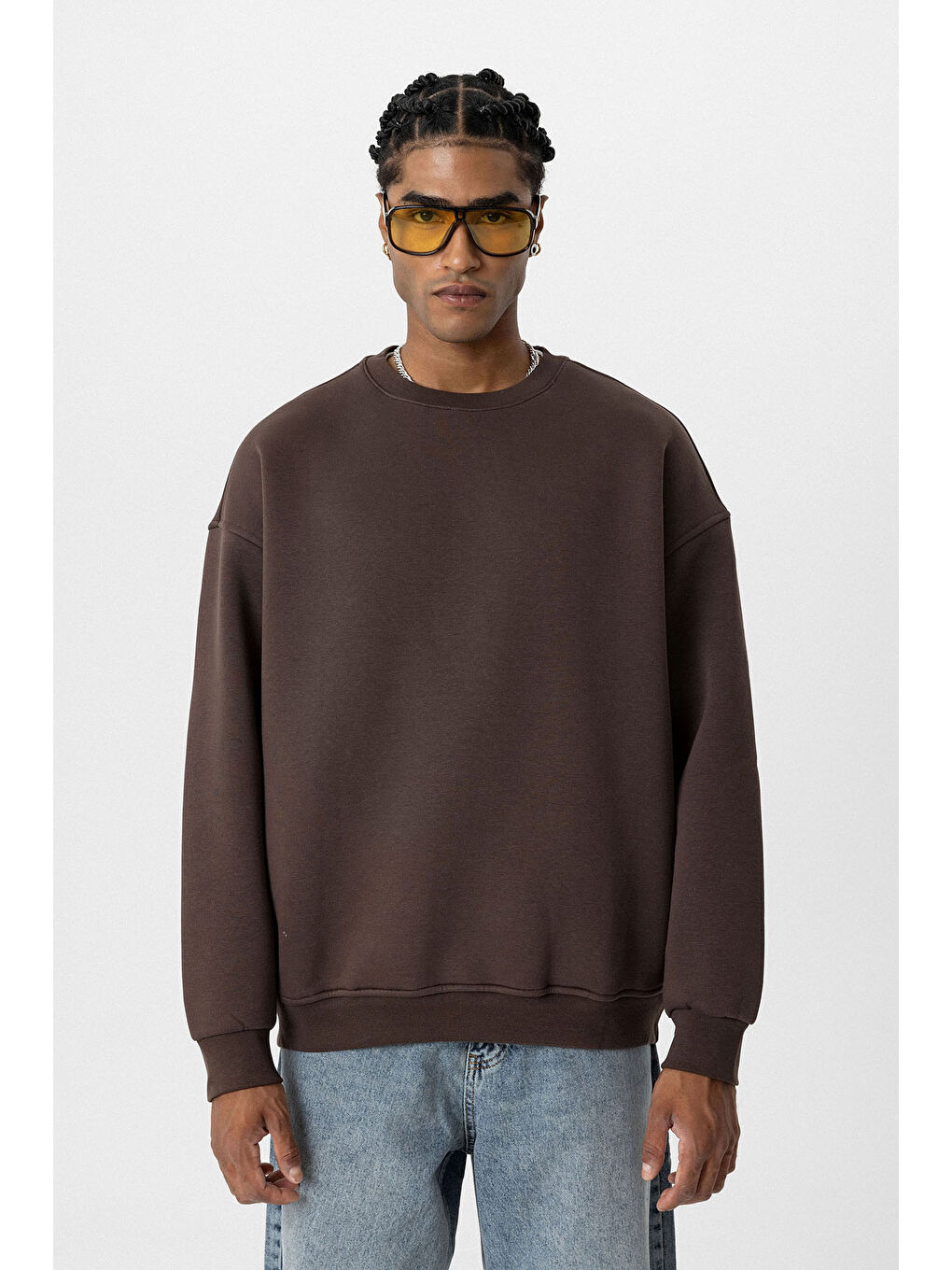 VAMOSCLO Kahverengi Basic Oversize Bisiklet Yaka Erkek Sweatshirt - 1