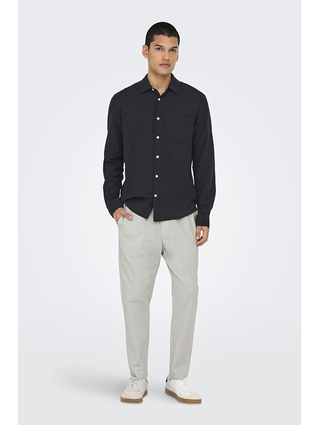 Gri Onslinus Keten ve Pamuk Karışımlı Tapered Fit Daralan Paça Pantolon 22024966-1