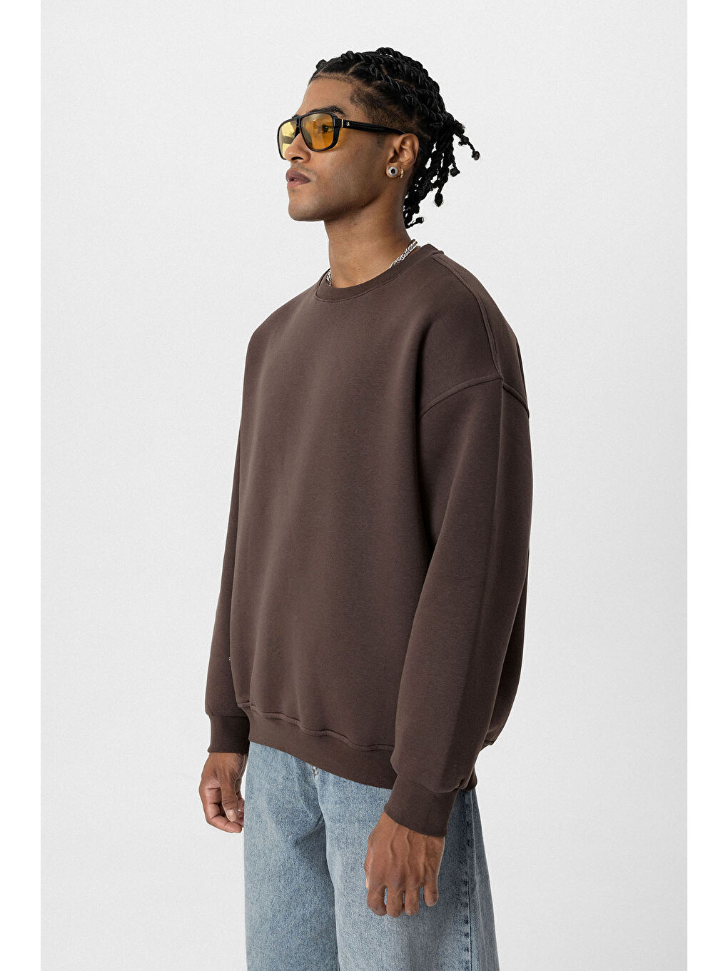 VAMOSCLO Kahverengi Basic Oversize Bisiklet Yaka Erkek Sweatshirt - 2