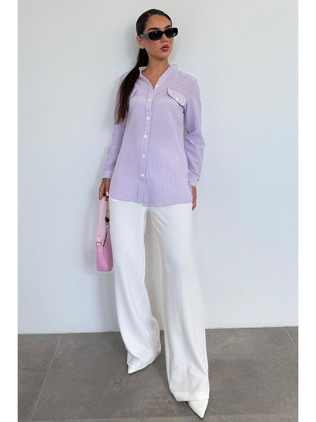 Mor Çizgili Gofre Kumaş Kadın Oversize Gömlek Mg1666