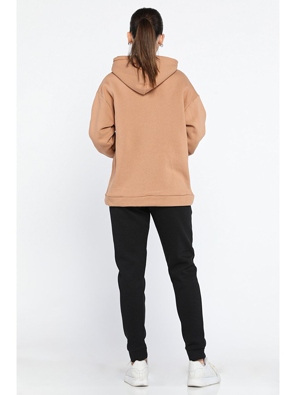 Siyah Kadın Kapüşonlu Nakış Detaylı Şardonlu Eşofman Takımı-2