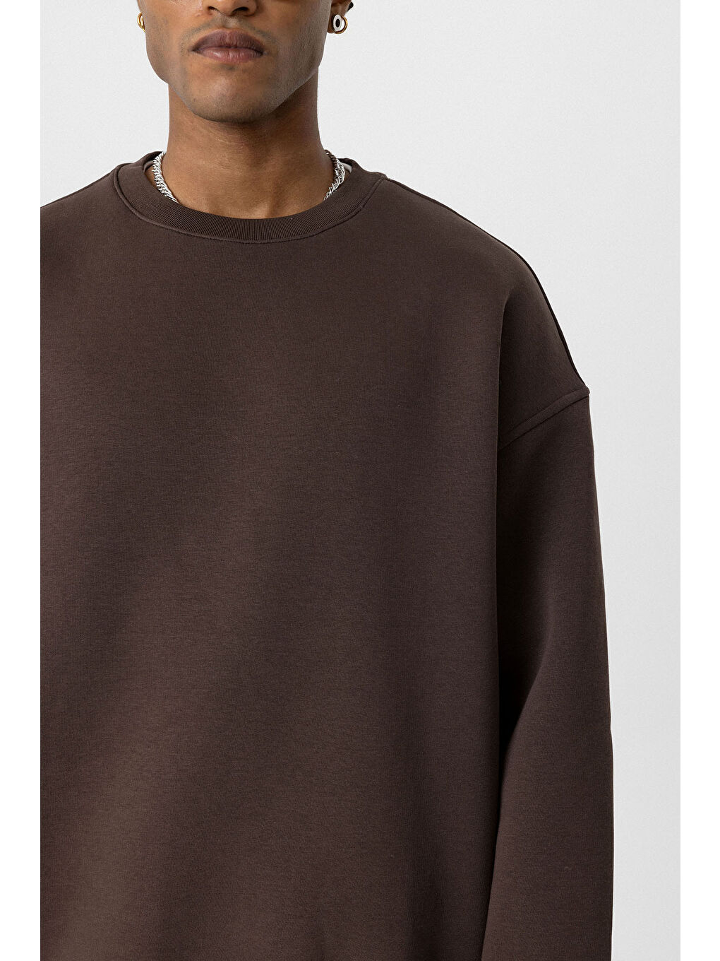 VAMOSCLO Kahverengi Basic Oversize Bisiklet Yaka Erkek Sweatshirt - 4