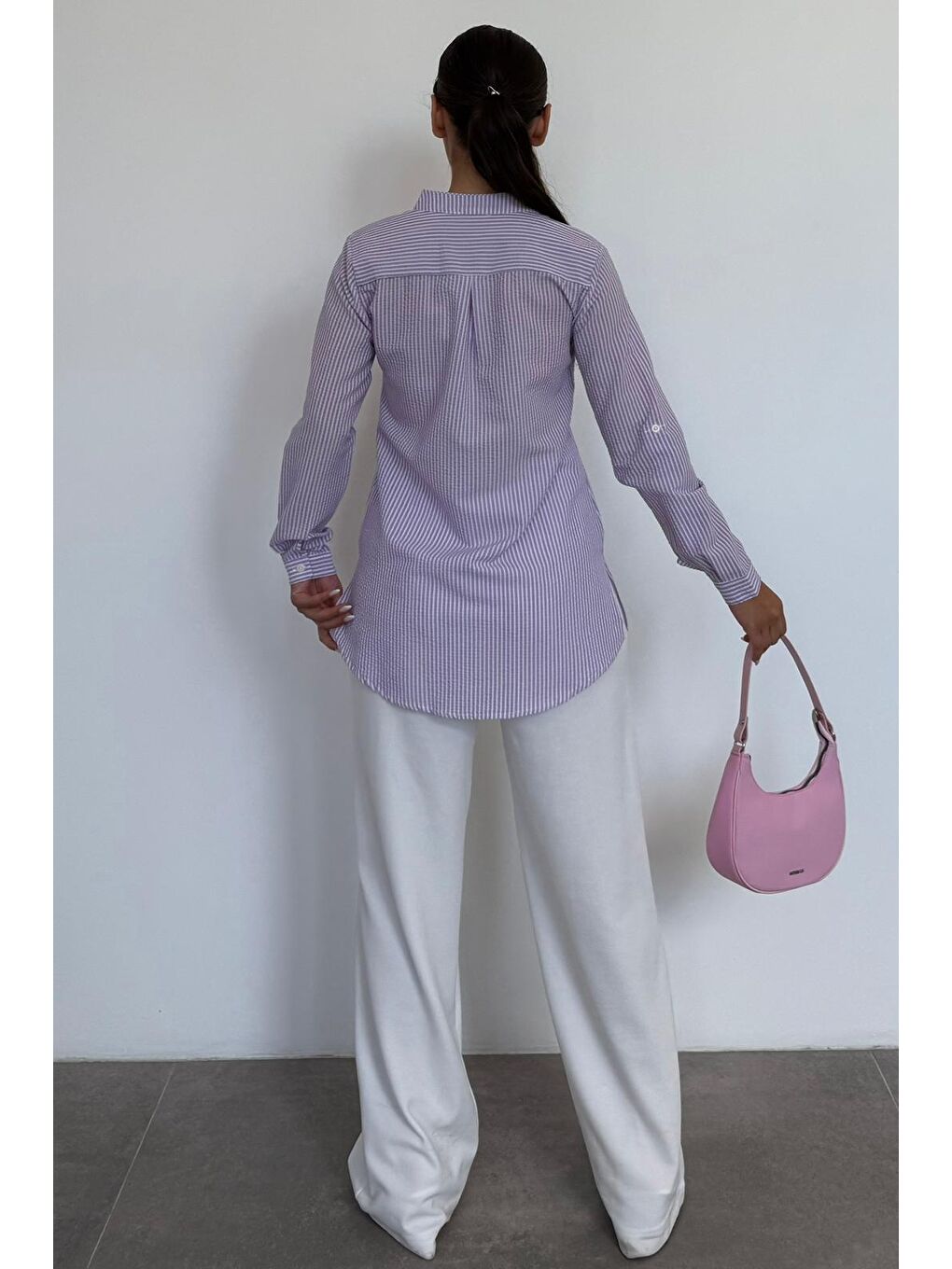 Mor Çizgili Gofre Kumaş Kadın Oversize Gömlek Mg1666-1