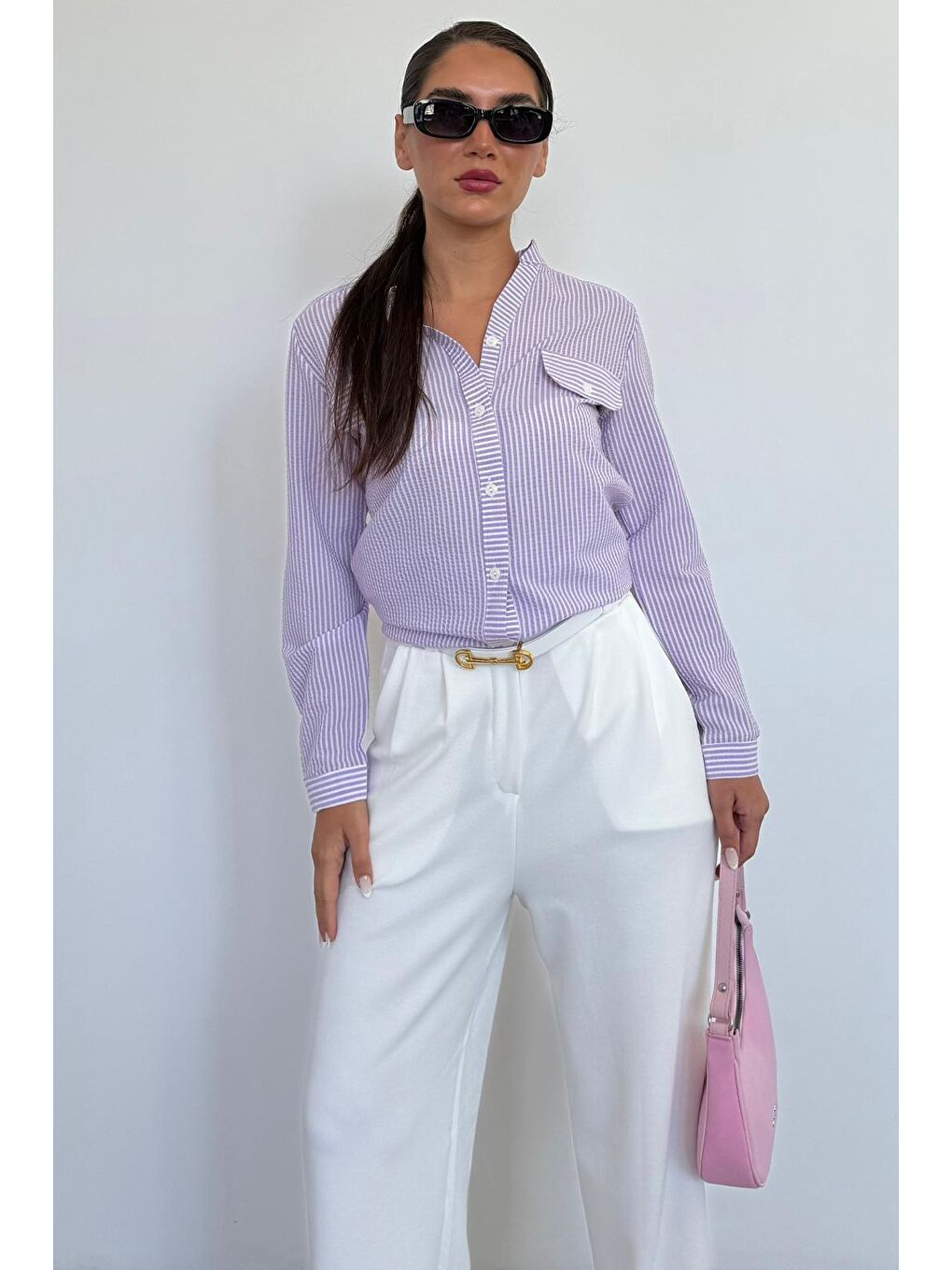 Mor Çizgili Gofre Kumaş Kadın Oversize Gömlek Mg1666-2