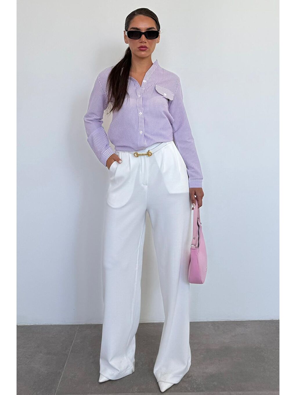 Mor Çizgili Gofre Kumaş Kadın Oversize Gömlek Mg1666-3