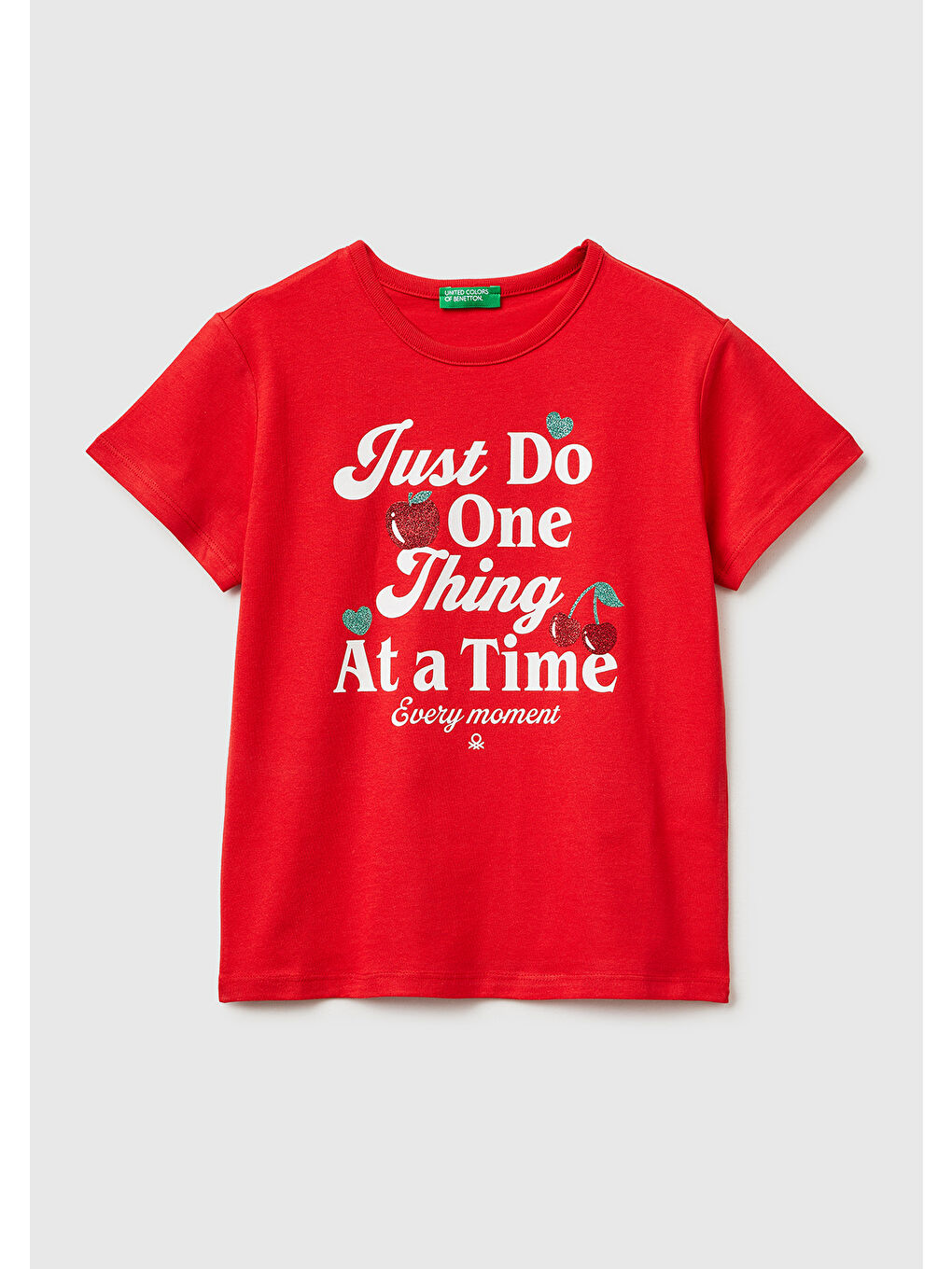 Kız Çocuk Kırmızı Simli Grafik Baskılı Yuvarlak Yaka T-Shirt