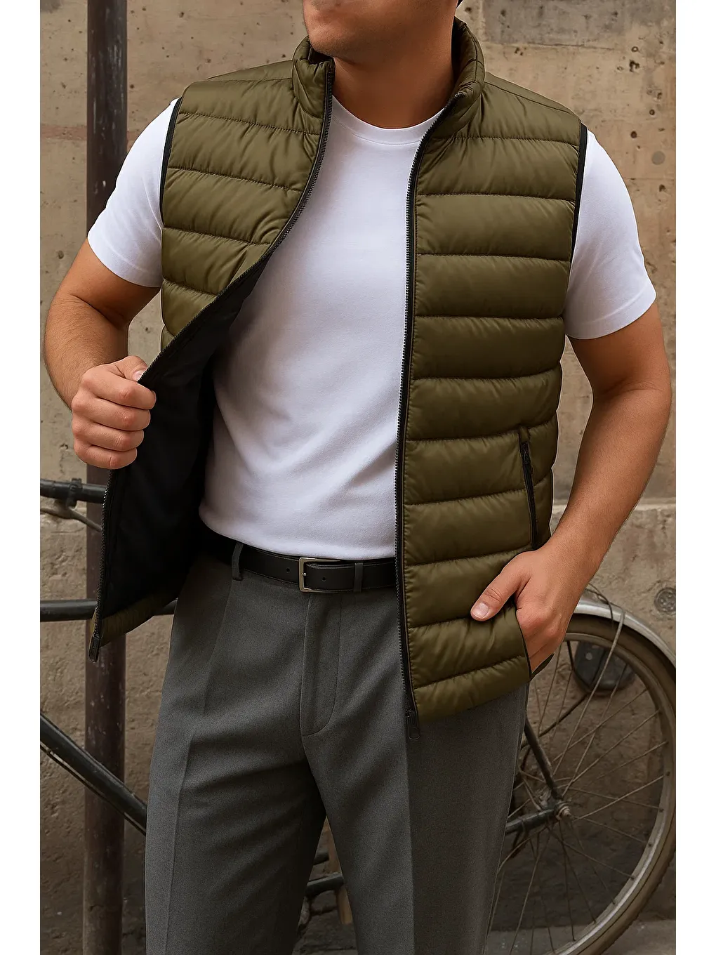 Erkek Kışlık Kolsuz Trend Astarlı Haki Şişme Yelek