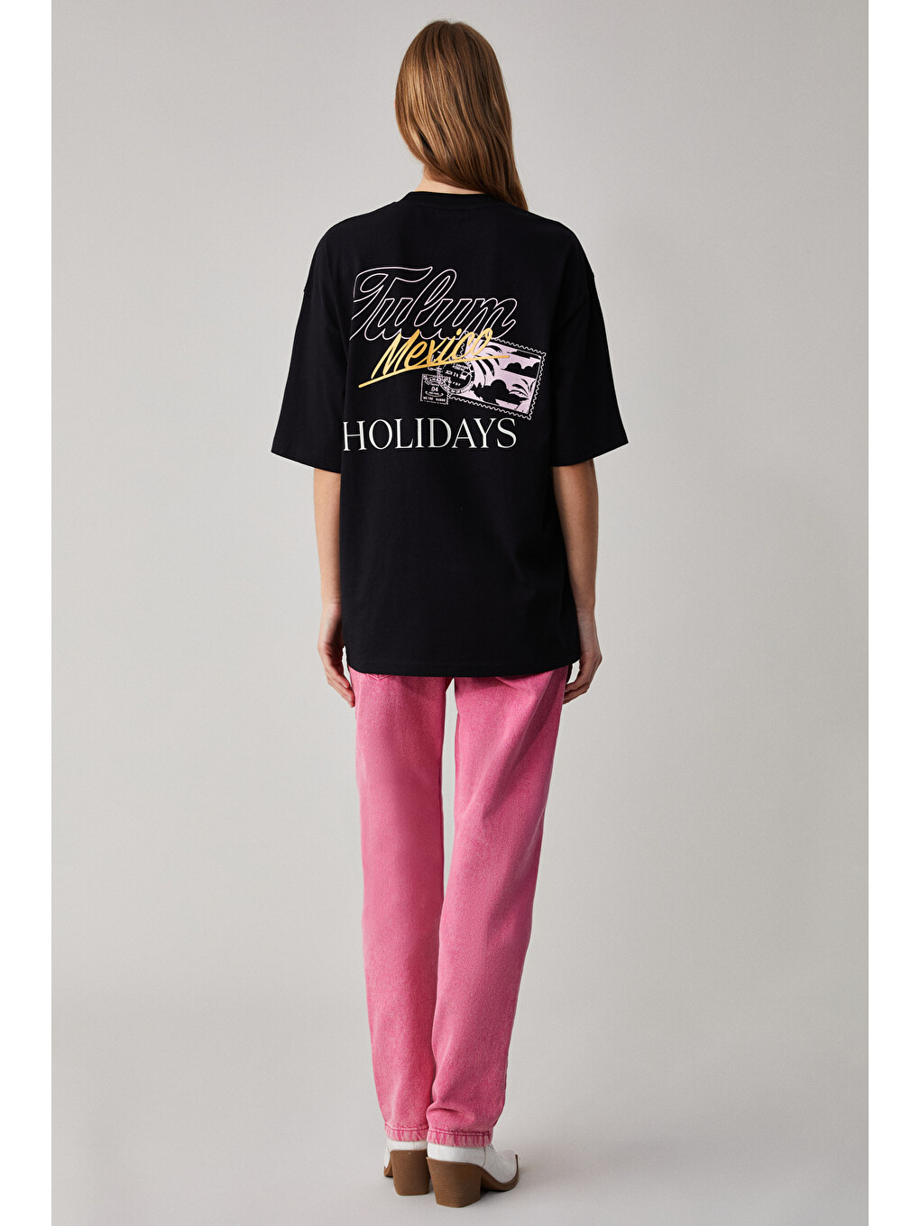 Siyah CAITLYN Kadın Oversize Bisiklet Yaka SİYAH T-Shirt-5