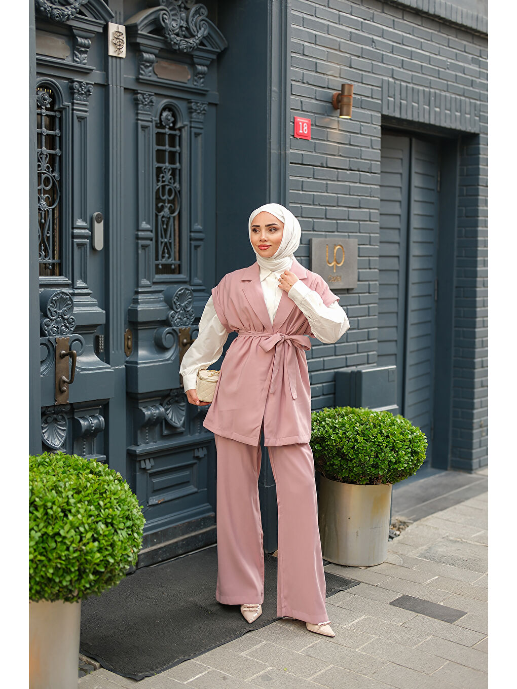 Pembe Kadın Yelekli Modal Takım Pudra