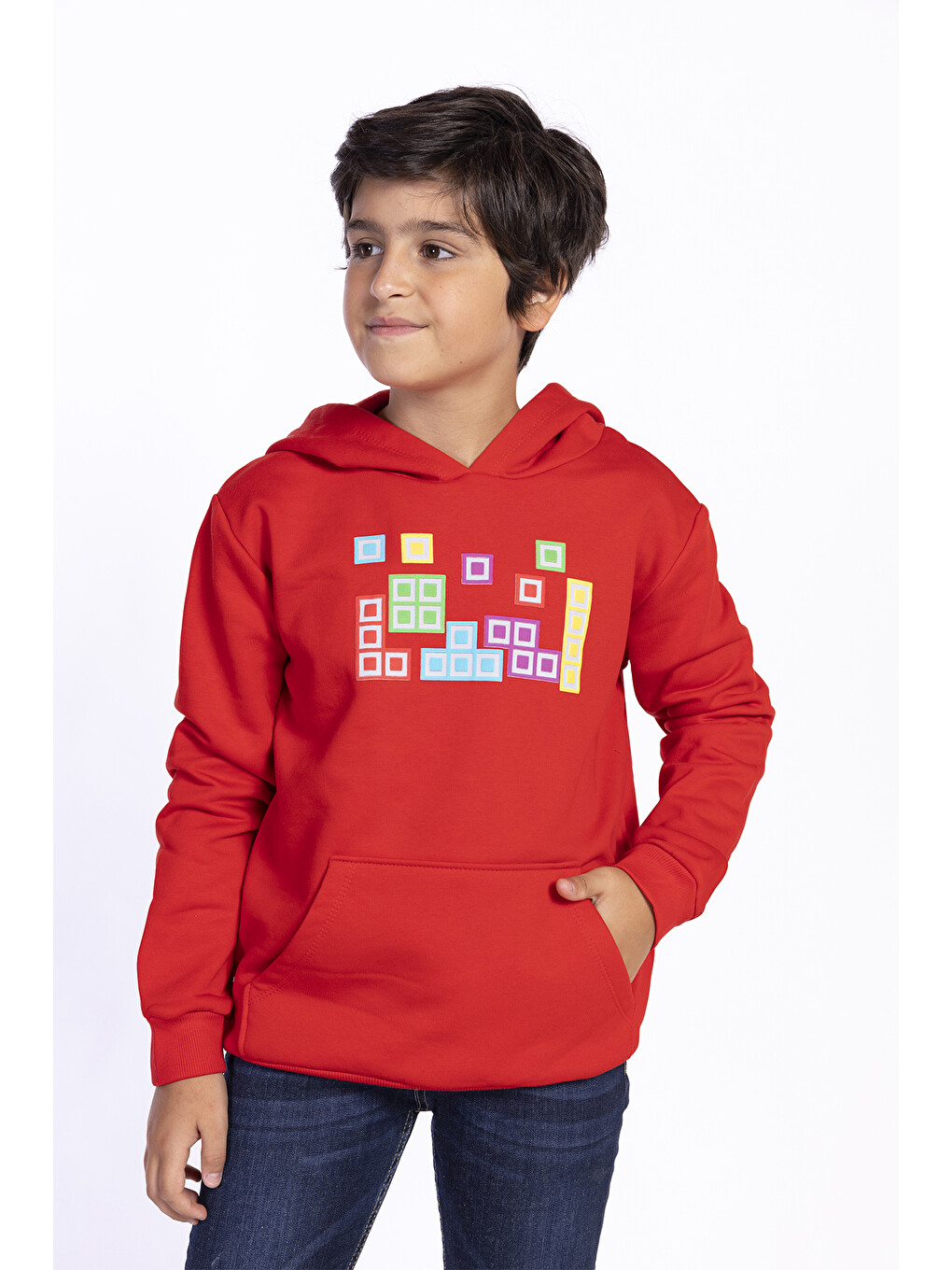 Kırmızı Erkek Çocuk Baskılı Kanguru Cepli Sweatshirt