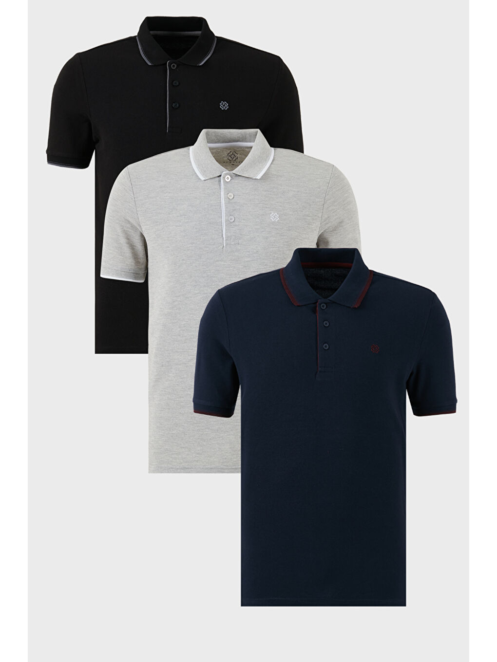 Siyah Pamuklu Slim Fit Şerit Detaylı Düğmeli Polo Yaka 3'lü Paket %100 Pamuk Tişört 5902118S3