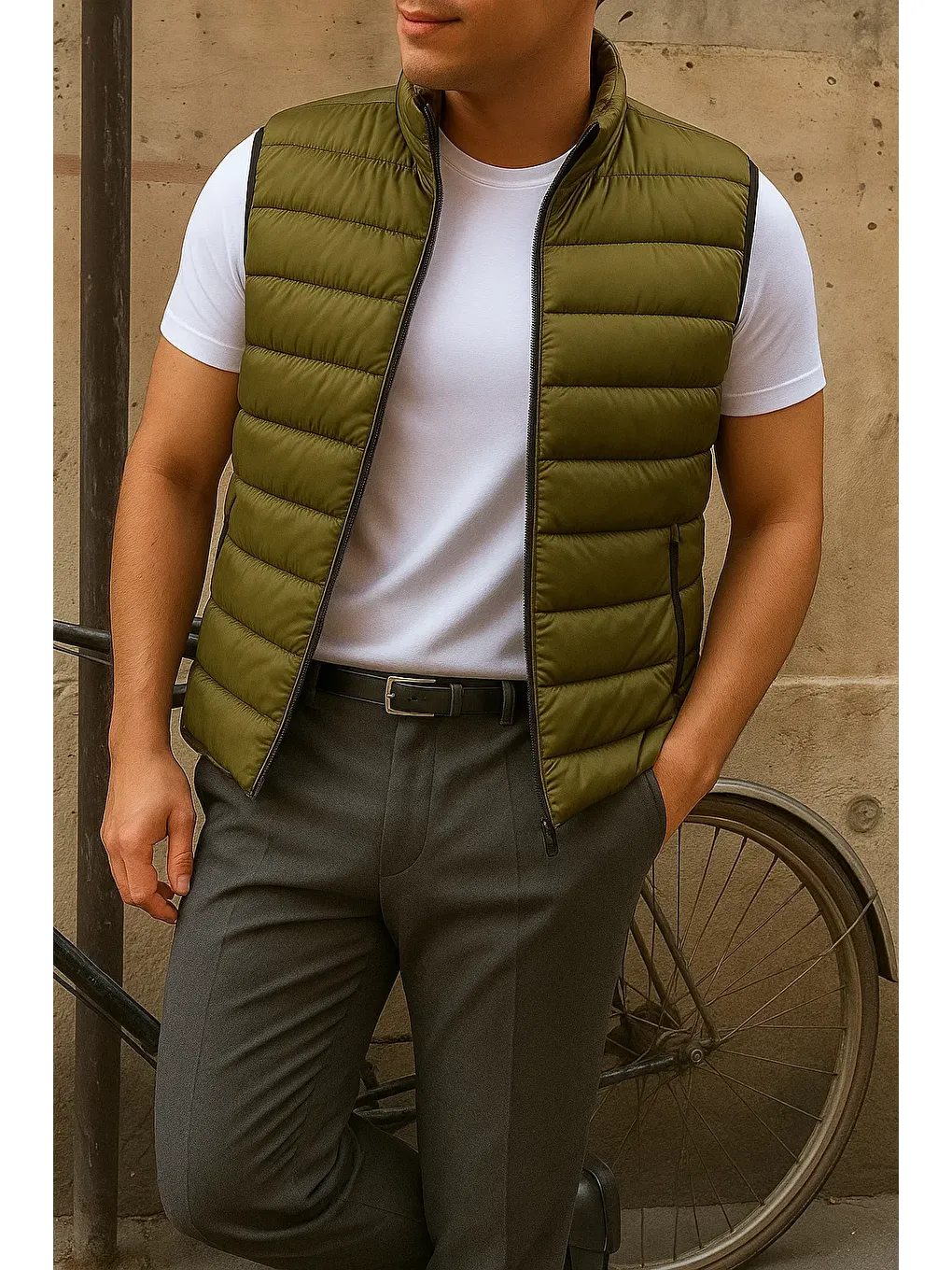 Erkek Kışlık Kolsuz Trend Astarlı Haki Şişme Yelek-2