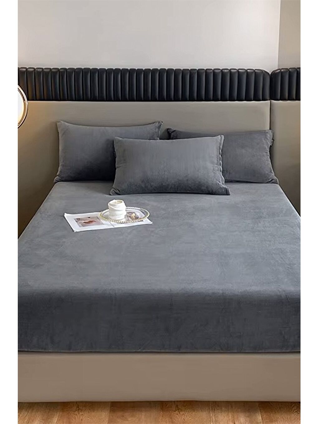 Antrasit Kadife Kumaş Çift Kişilik Fitted Lastikli Çarşaf Takımı 160x200+30 cm-1