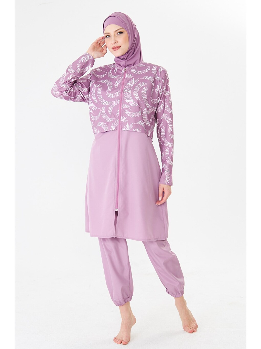 Tam Kapalı Paraşüt Kumaş Desenli Tesettür Mayo Pembe-3505