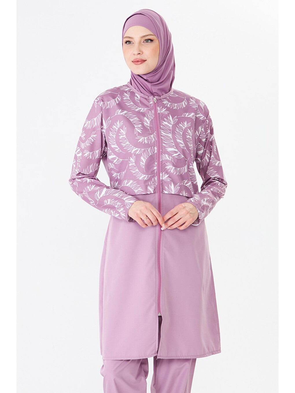 Tam Kapalı Paraşüt Kumaş Desenli Tesettür Mayo Pembe-3505-1