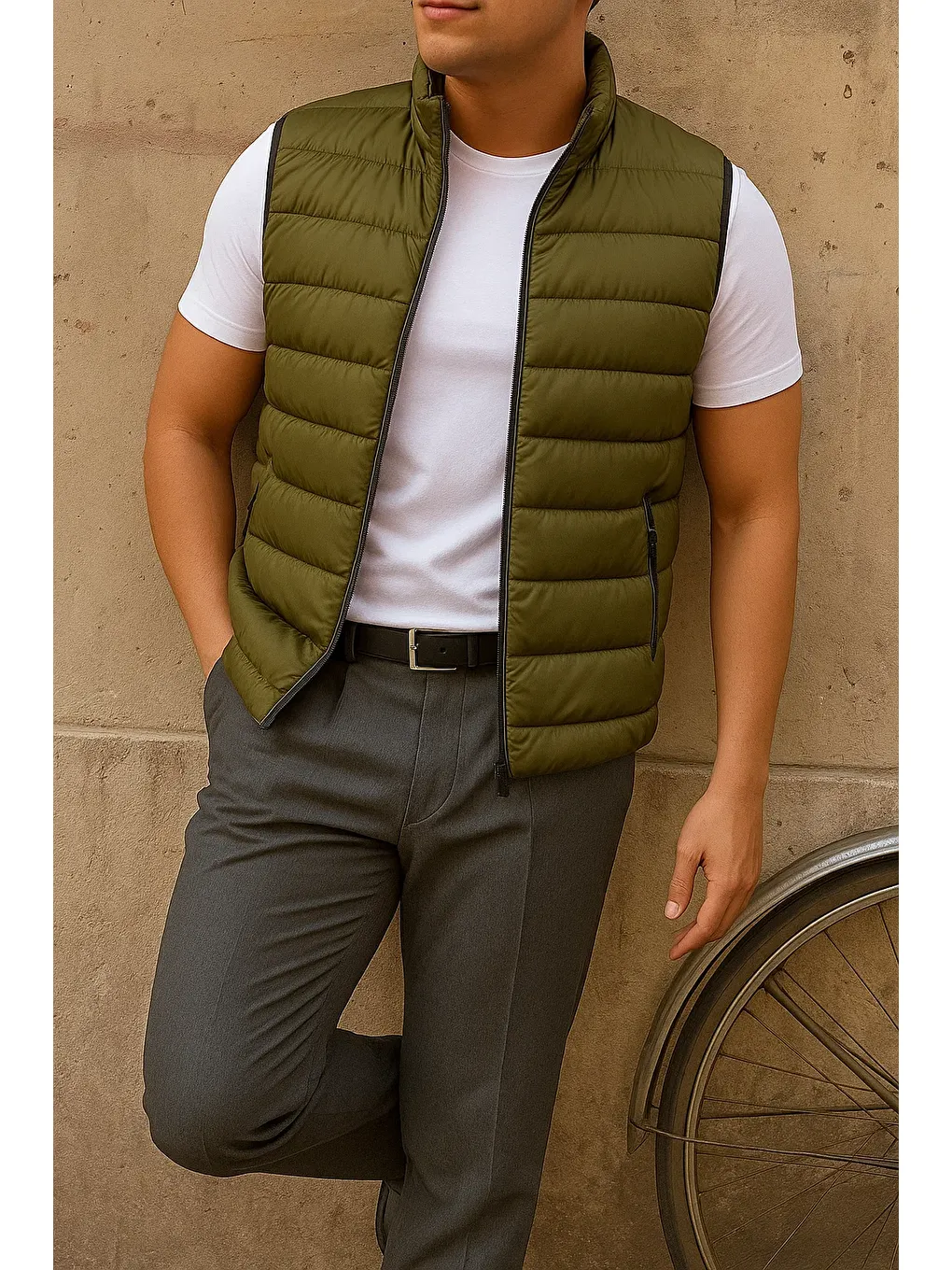 Erkek Kışlık Kolsuz Trend Astarlı Haki Şişme Yelek-3