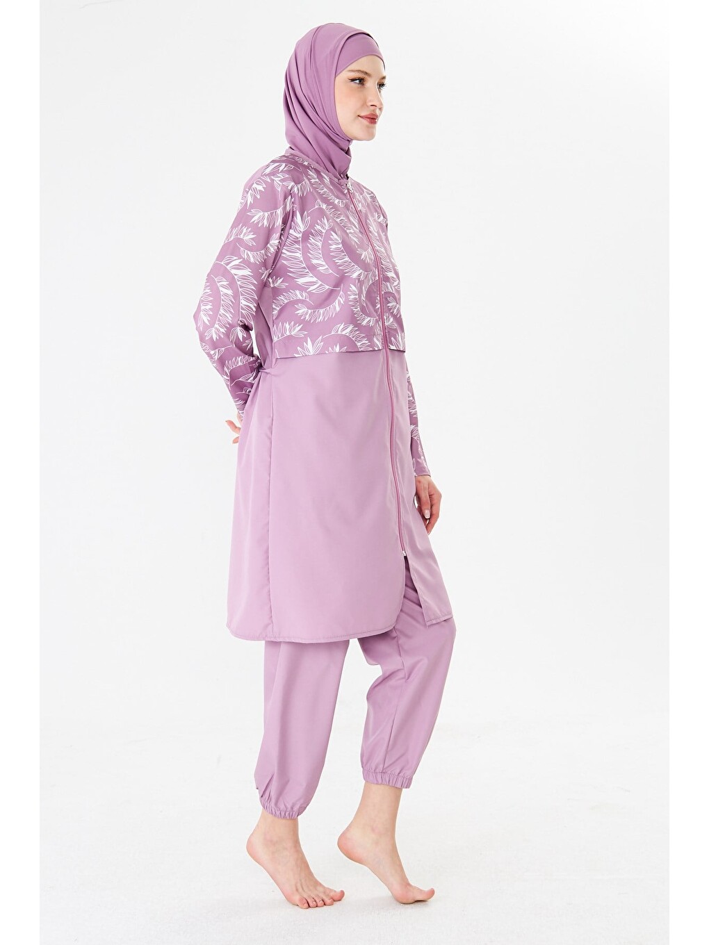 Tam Kapalı Paraşüt Kumaş Desenli Tesettür Mayo Pembe-3505-2