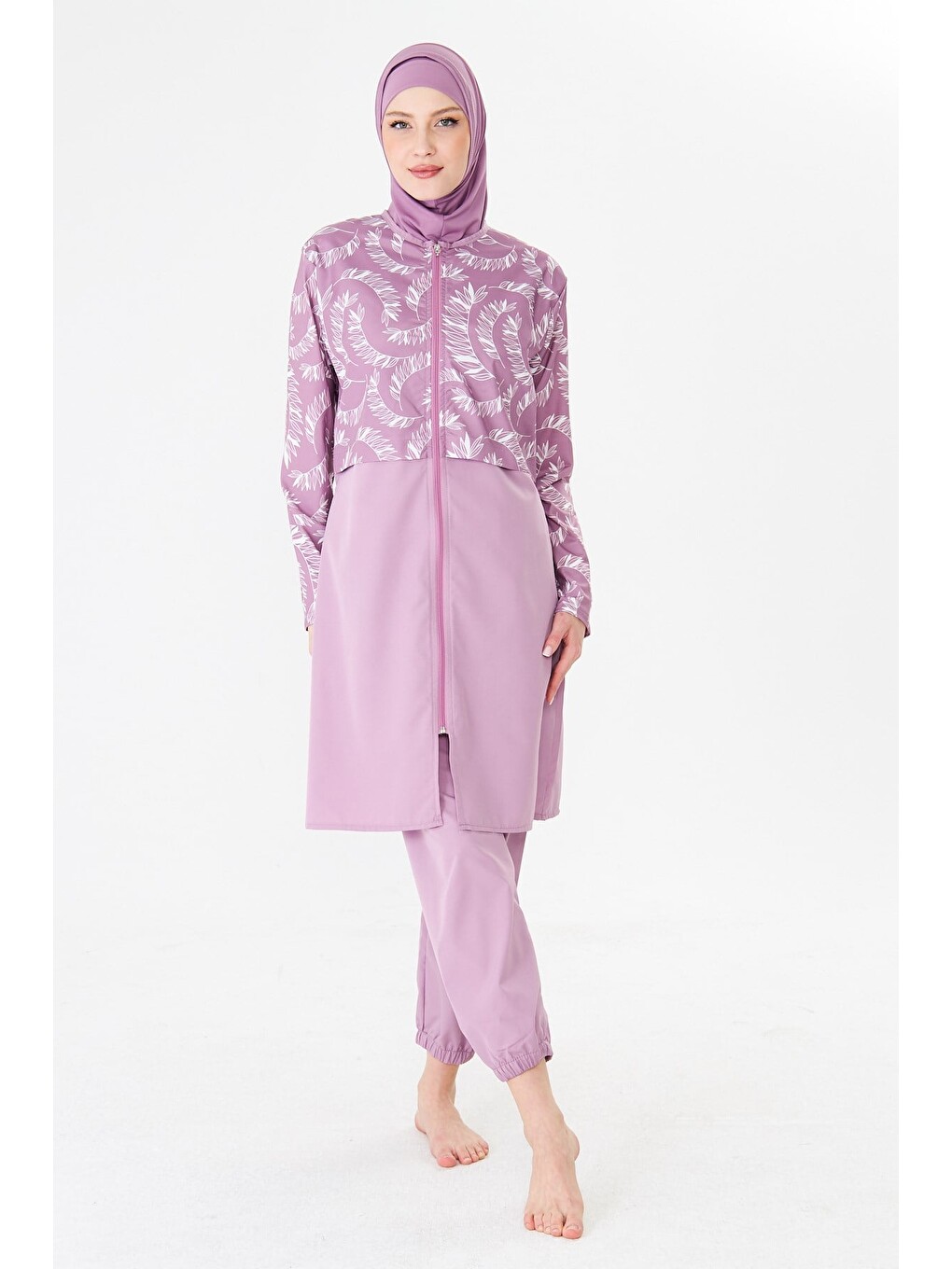Tam Kapalı Paraşüt Kumaş Desenli Tesettür Mayo Pembe-3505-4