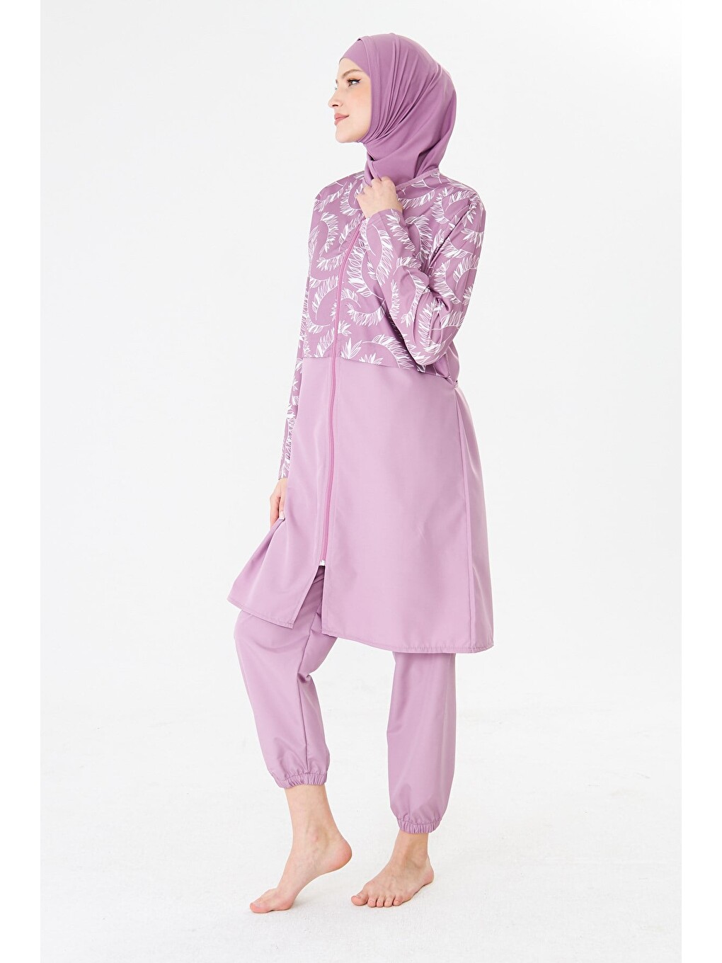 Tam Kapalı Paraşüt Kumaş Desenli Tesettür Mayo Pembe-3505-5