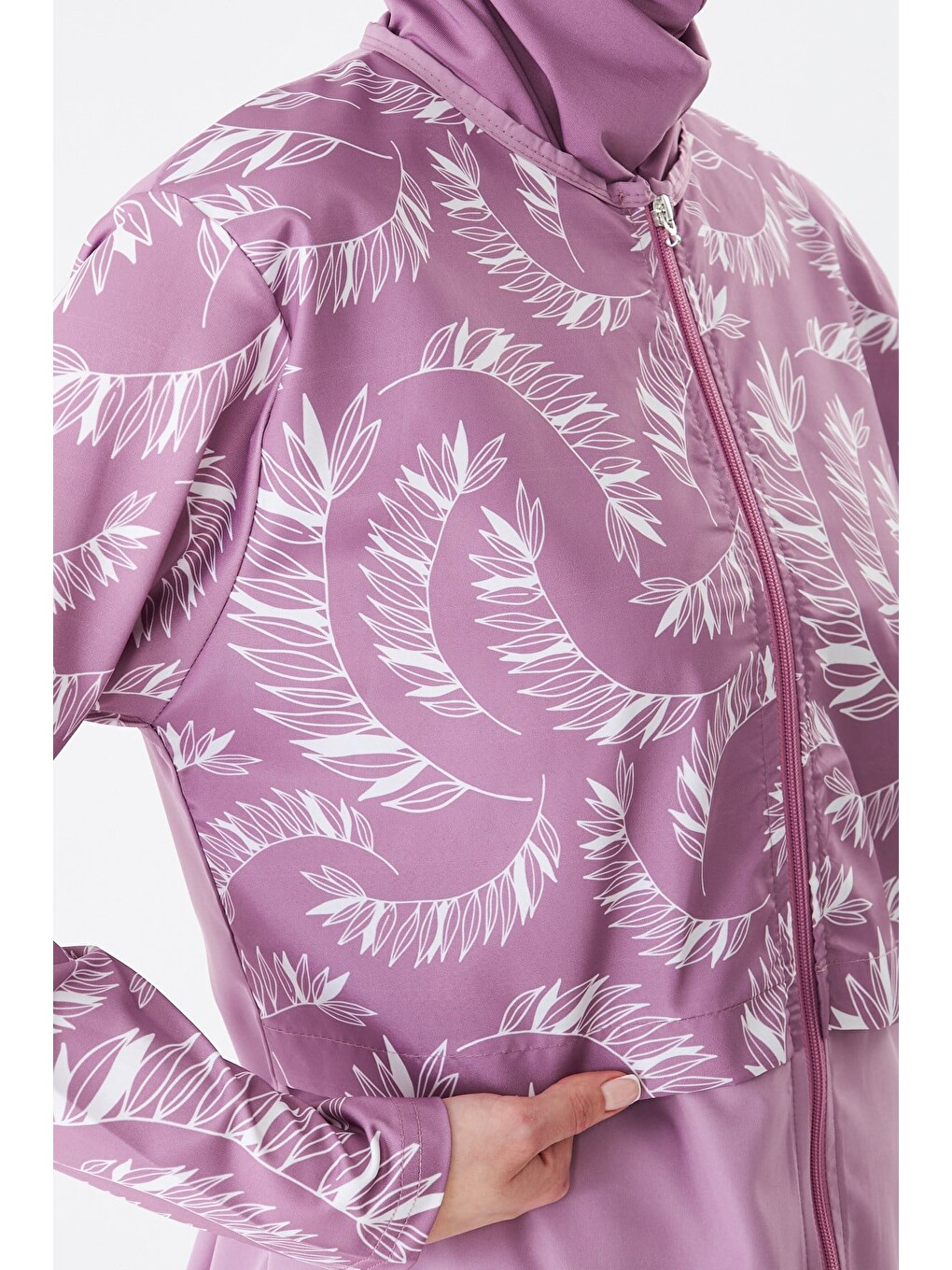 Tam Kapalı Paraşüt Kumaş Desenli Tesettür Mayo Pembe-3505-7