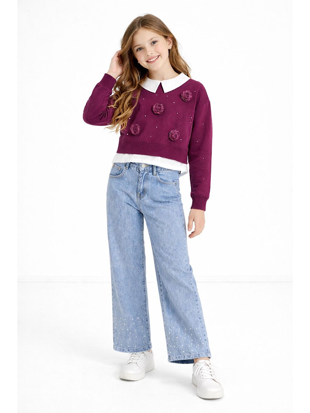 Bordo İnci İşlemeli Badili ve Jean Pantolonlu Kız Çocuk Gömlekli Takım 23601-1