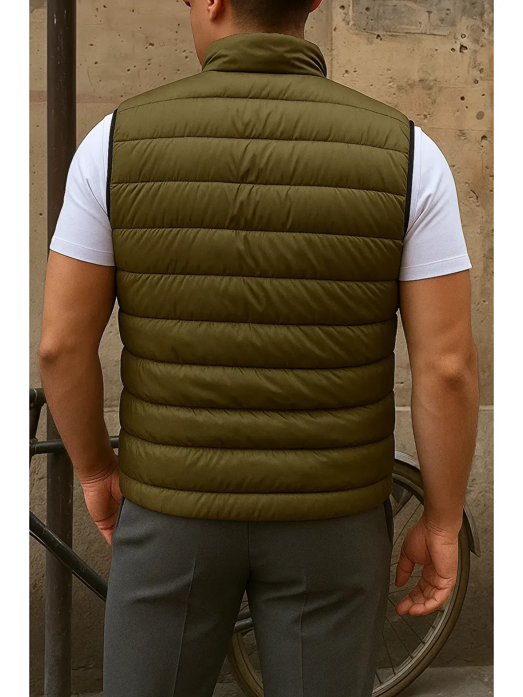 Erkek Kışlık Kolsuz Trend Astarlı Haki Şişme Yelek-4