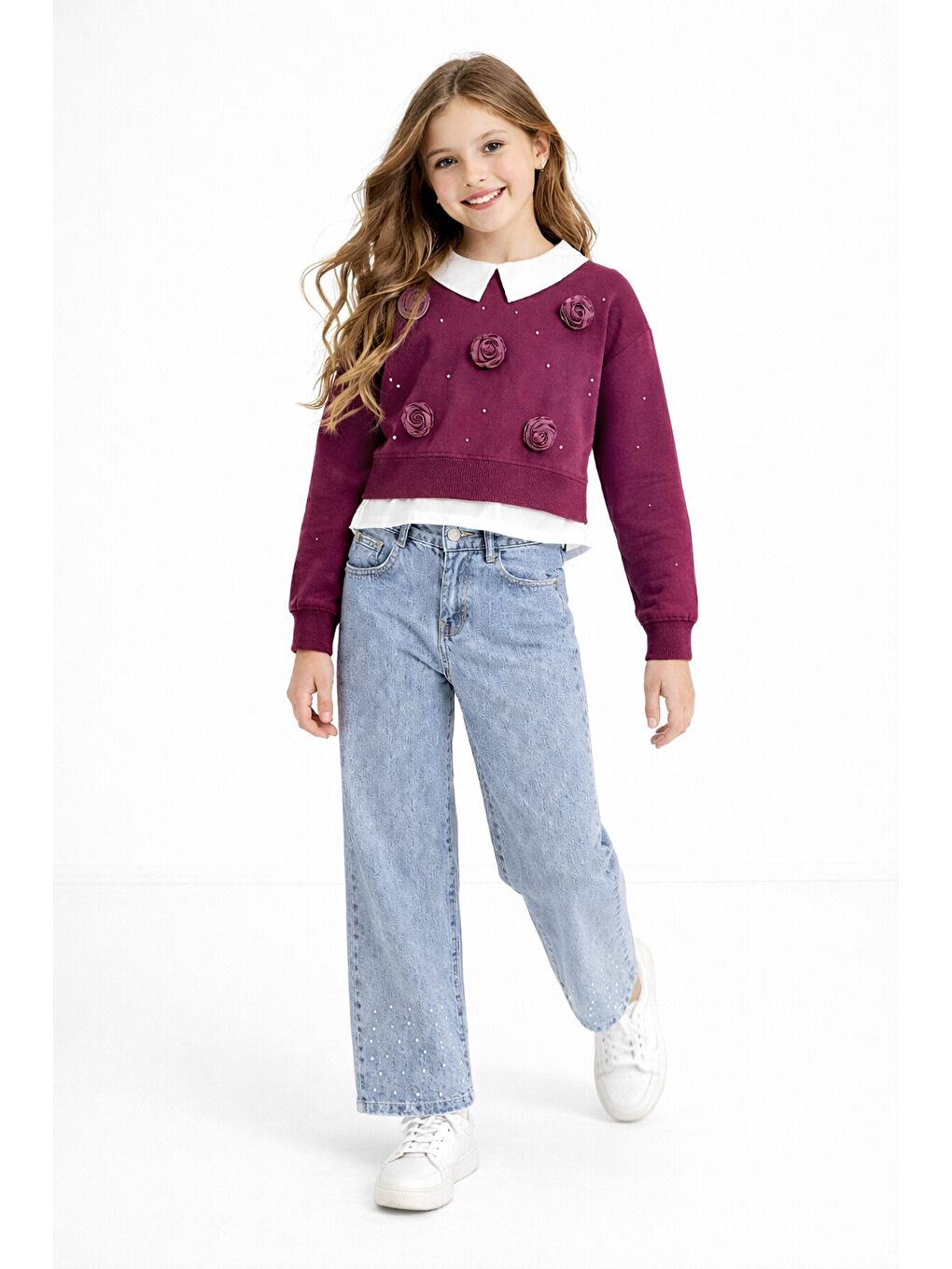 Bordo İnci İşlemeli Badili ve Jean Pantolonlu Kız Çocuk Gömlekli Takım 23601-2