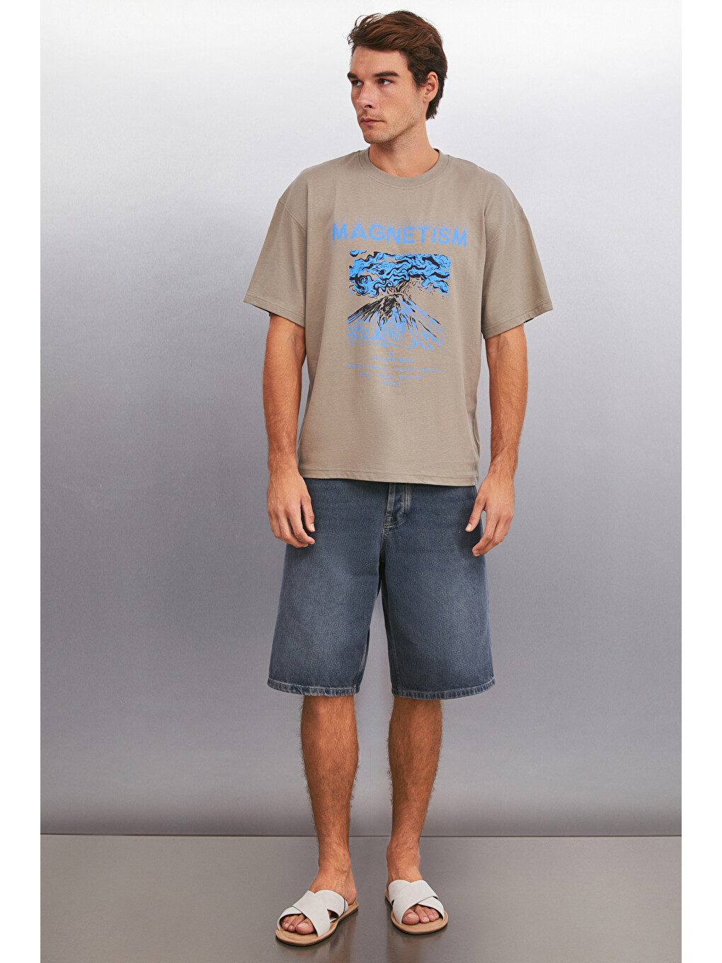 Bej MADDOX Erkek %100 Organik Pamuklu Baskı Detaylı Kalın Dokulu Oversize Fit VİZON T-Shirt-1