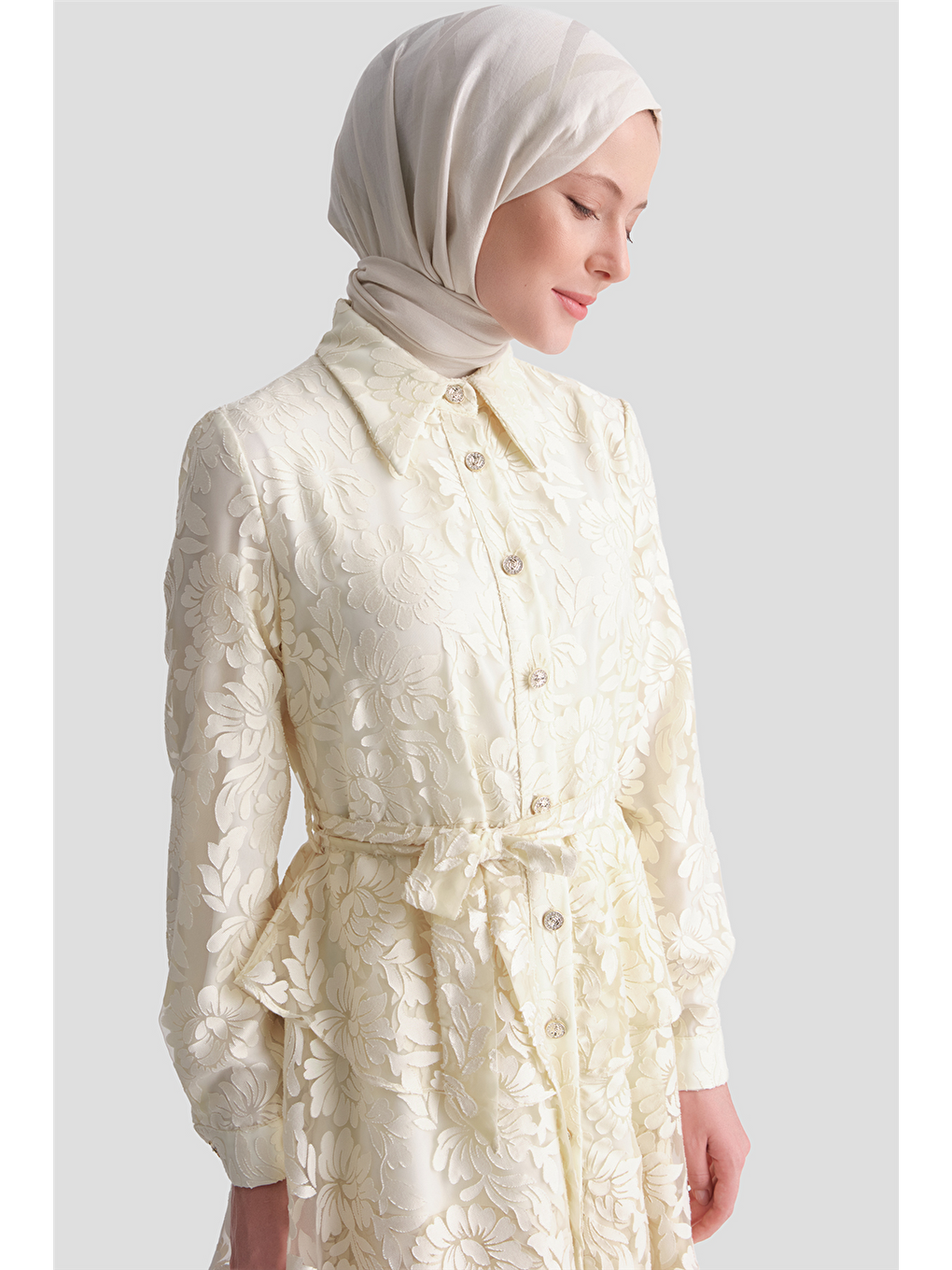 Dantelli Katlı Elbise Ekru-4