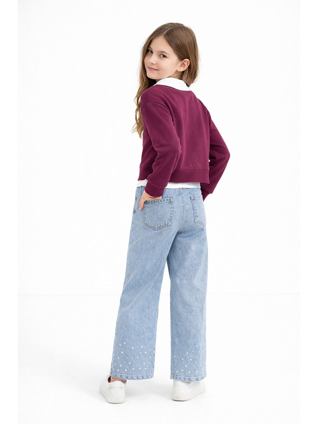 Bordo İnci İşlemeli Badili ve Jean Pantolonlu Kız Çocuk Gömlekli Takım 23601-3