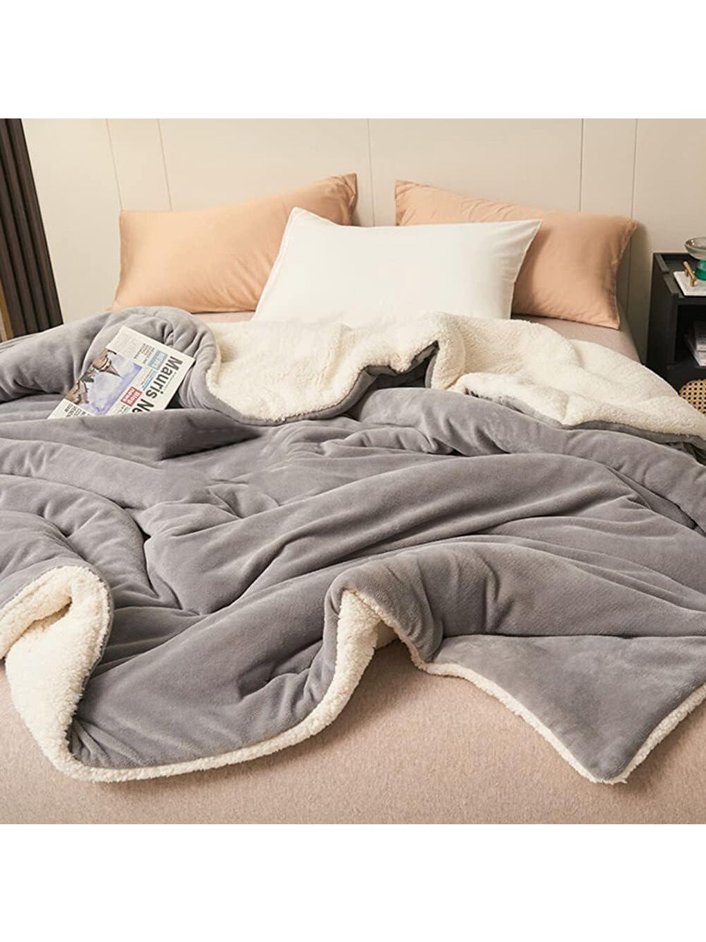 Gri Sherpa Polar Battaniye Çift Taraflı Çift Kişilik 220x240 cm