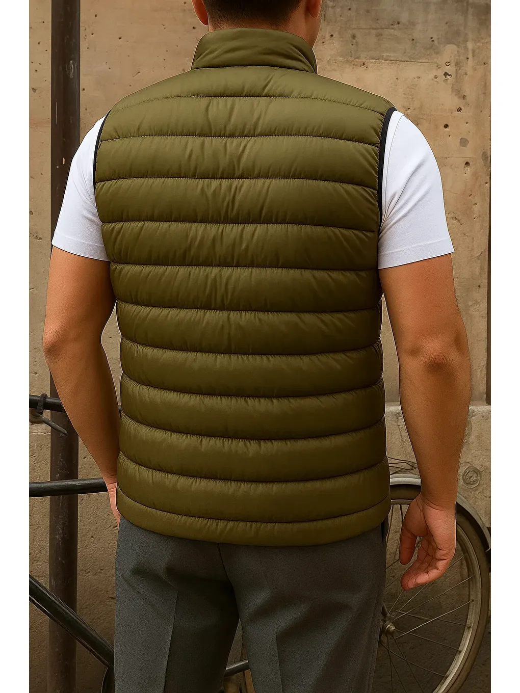 Erkek Kışlık Kolsuz Trend Astarlı Haki Şişme Yelek-5