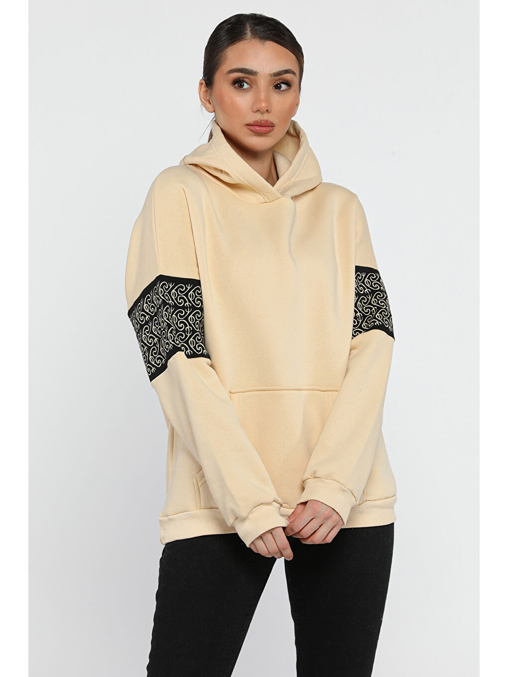 GÜLSELİ Bej Kadın Kapüşonlu Kol Detaylı Şardonlu Sweatshirt - 1