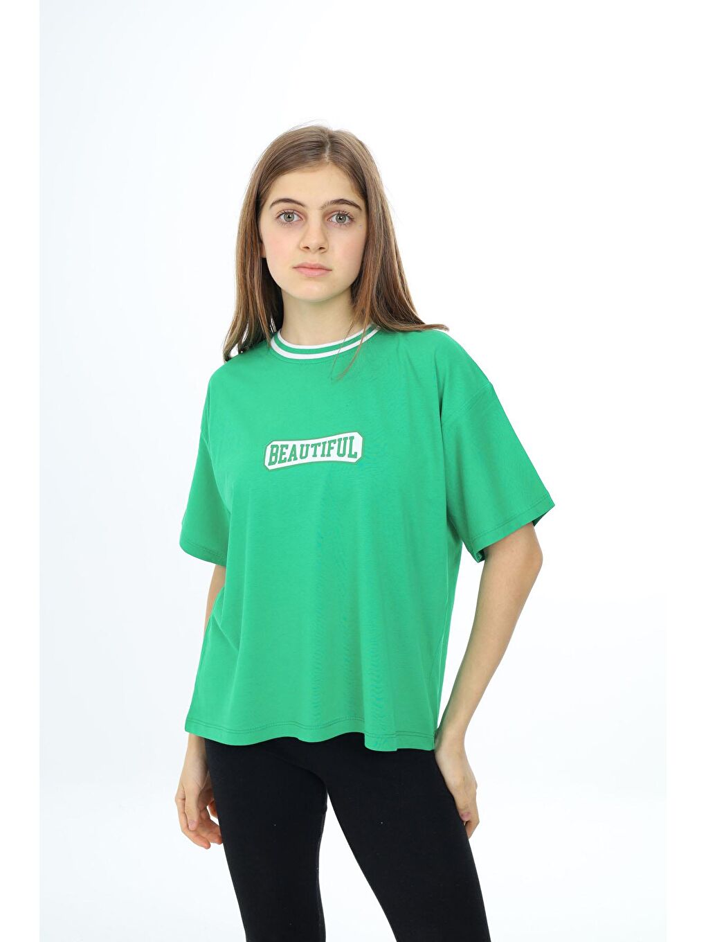 Yeşil Beautiful Yazılı Oversize Kız Tişört