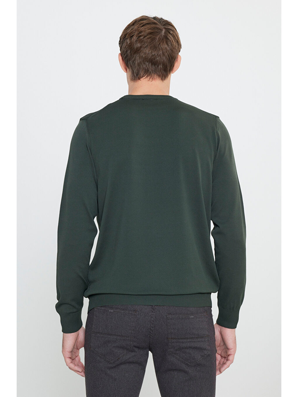 Erkek Haki Standart Fit Normal Kesim Bisiklet Yaka Jakarlı Triko Kazak-4