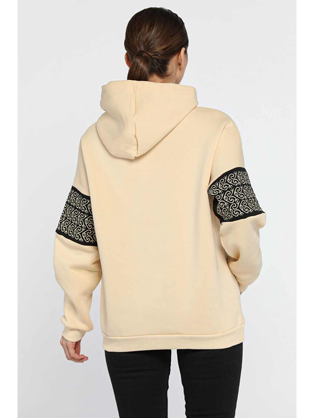 GÜLSELİ Bej Kadın Kapüşonlu Kol Detaylı Şardonlu Sweatshirt - 2