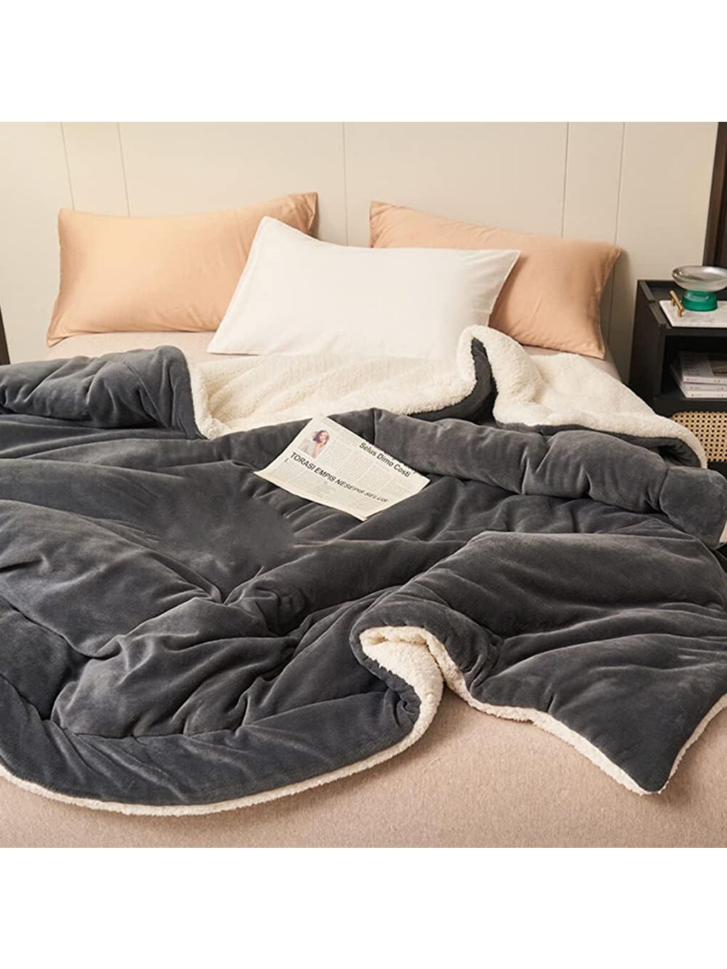 Antrasit Sherpa Polar Battaniye Çift Taraflı Çift Kişilik 220x240 cm