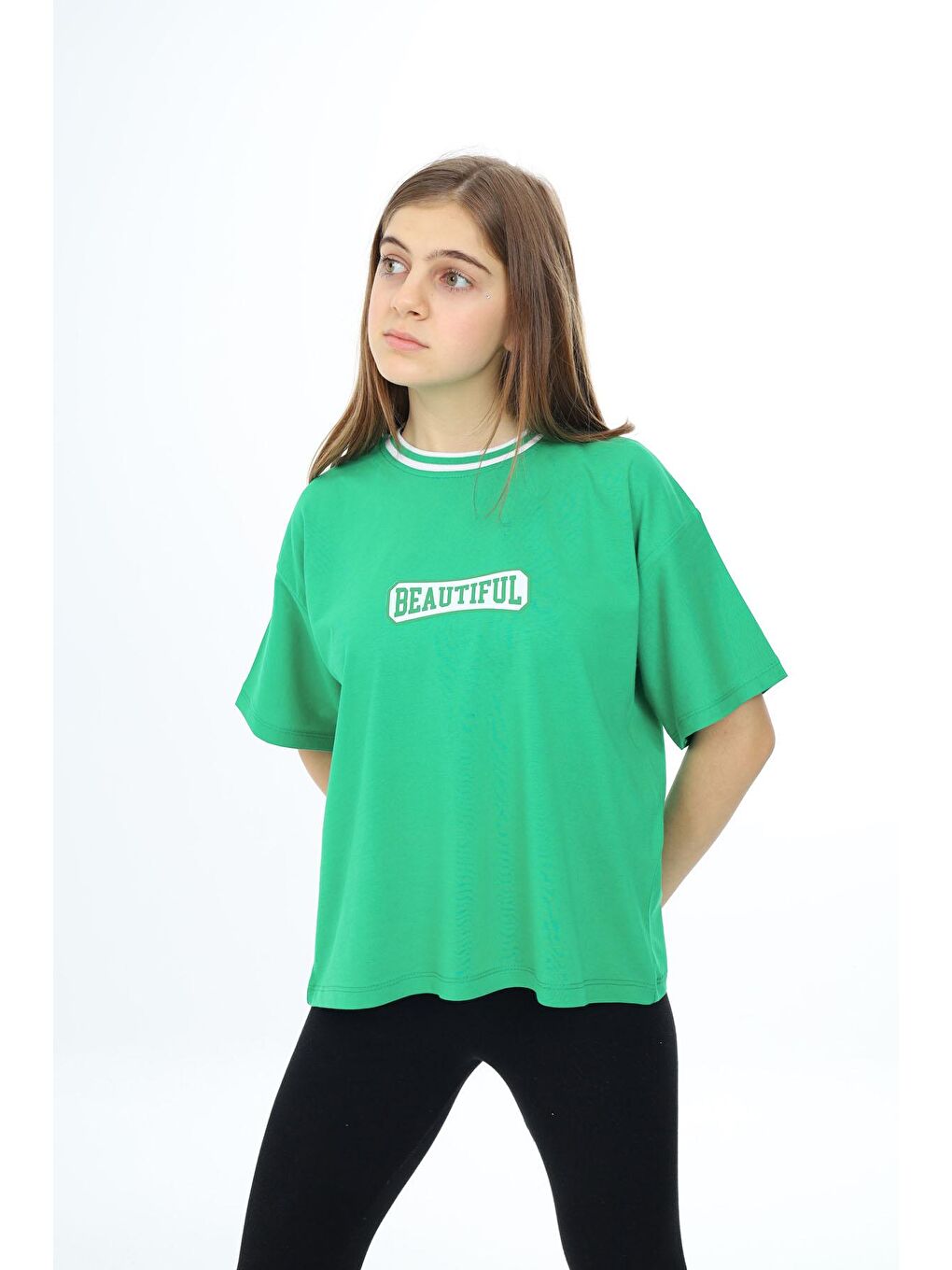 Yeşil Beautiful Yazılı Oversize Kız Tişört-1
