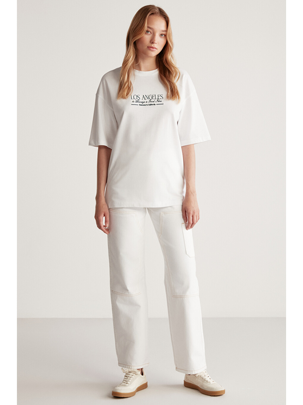 Yeşil JANNA Kadın Şehir Temalı Ön Ve Arka Baskı Detaylı Oversize Fit Bisiklet Yaka YEŞİL-BEYAZ T-Shirt-3