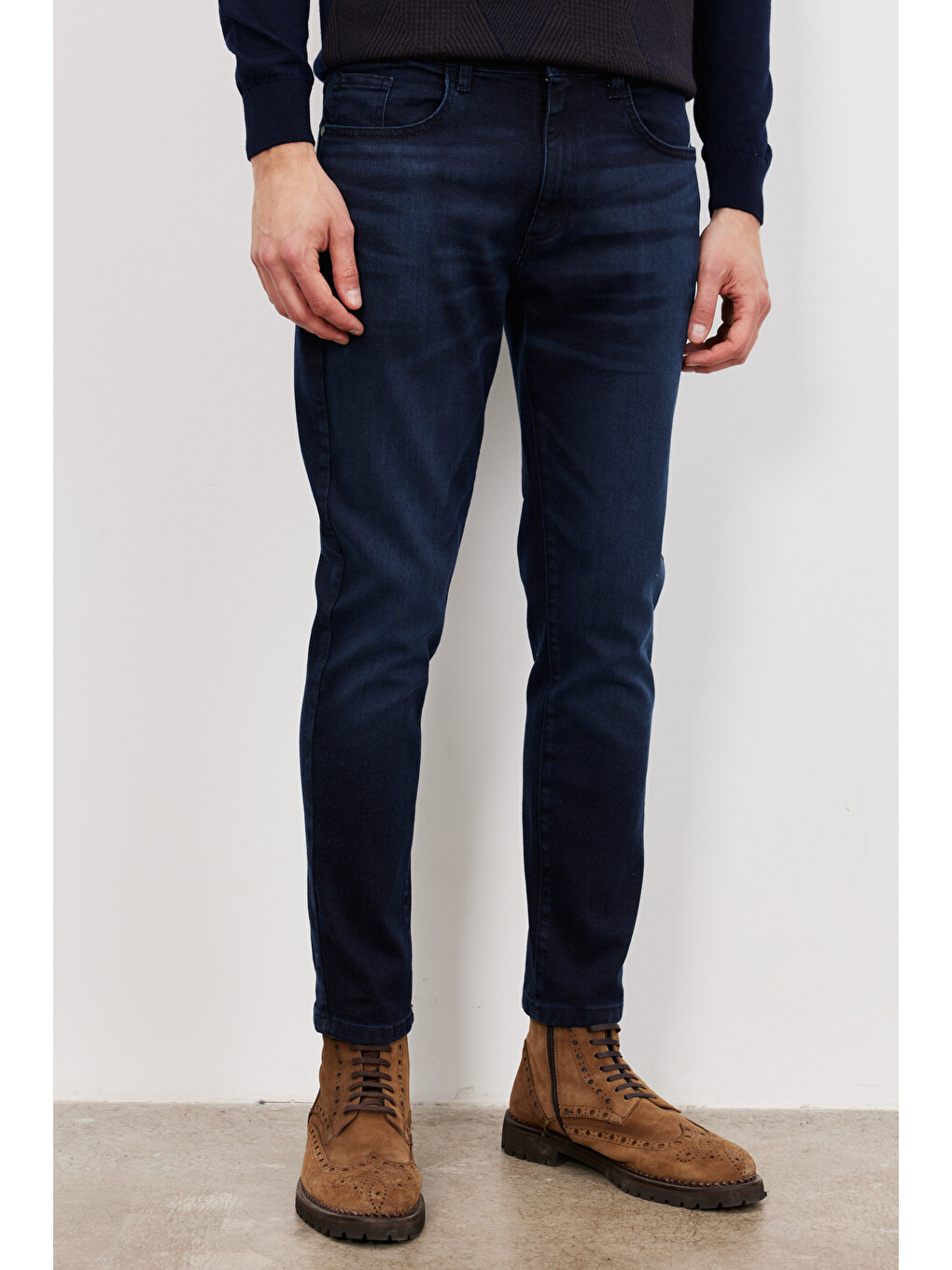 Erkek Koyu Lacivert Trend Slim Fit Dar Kesim 5 Cep Denim Jean Pantolon