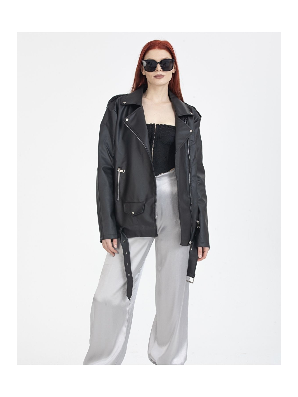 Siyah Kadın Oversıze Tarz Uzun Deri Ceket