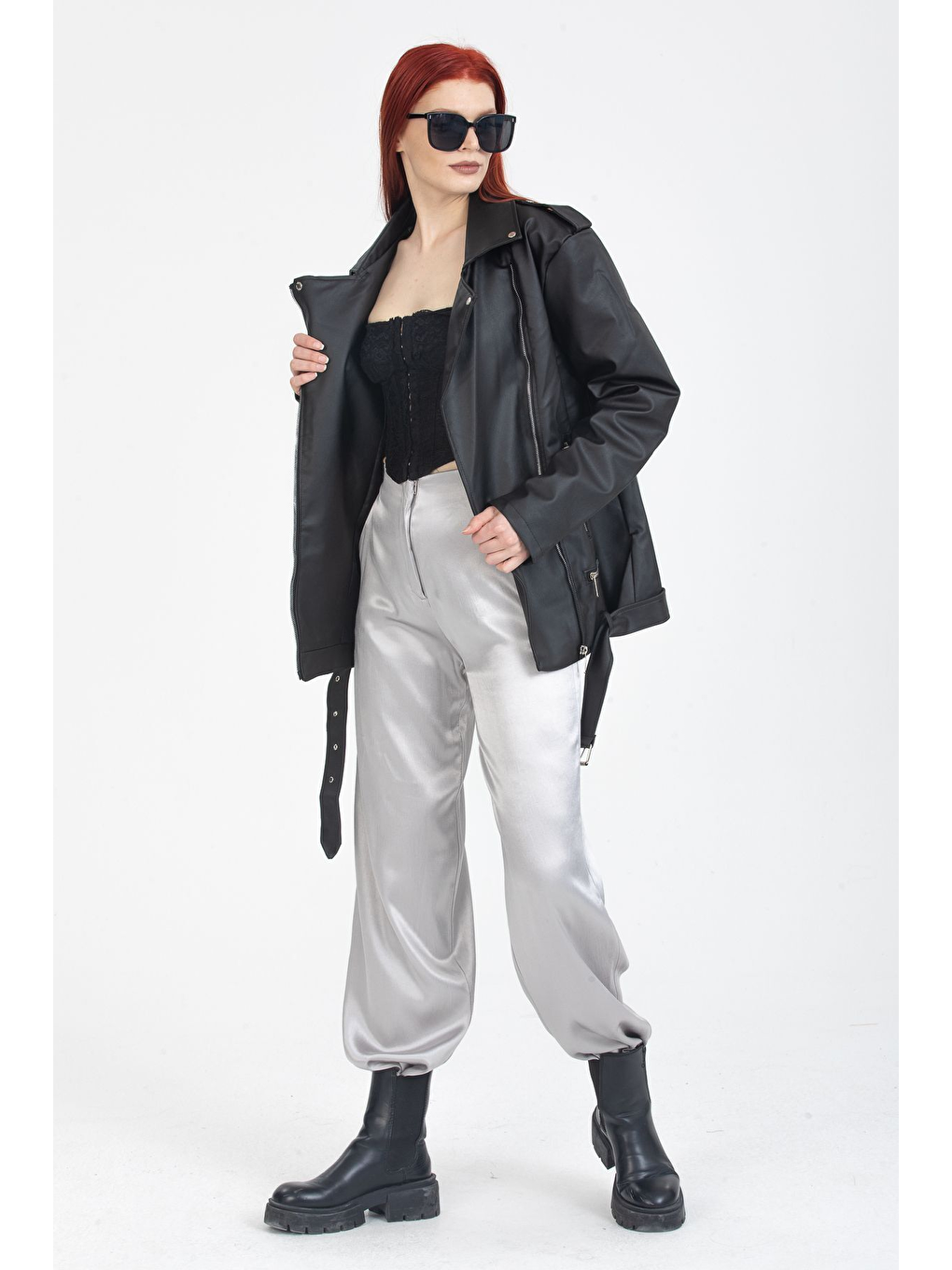 Siyah Kadın Oversıze Tarz Uzun Deri Ceket-1