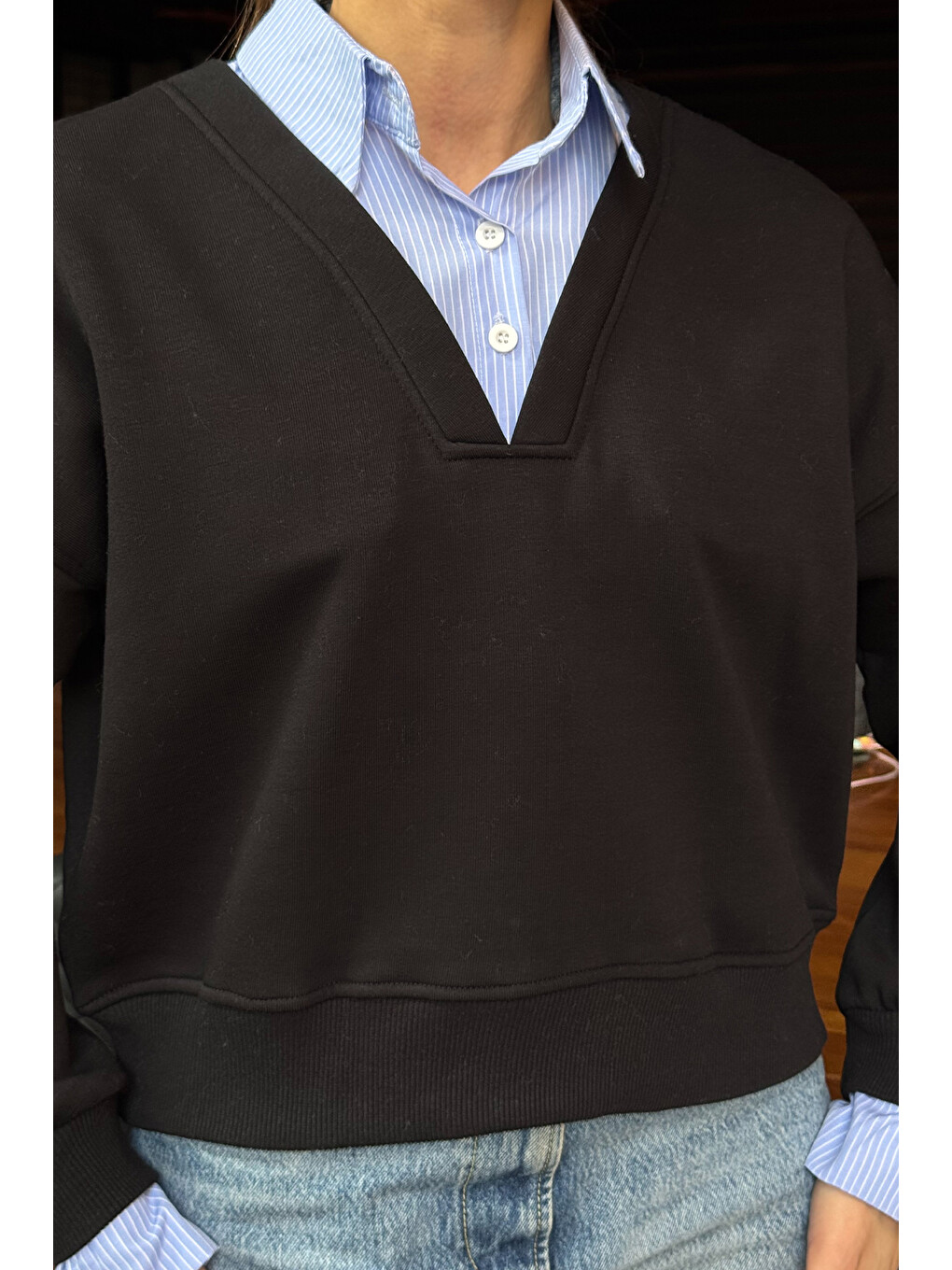 Siyah Kadın Üç İplik Şardonlu Gömlek Garnili Sweatshirt-2