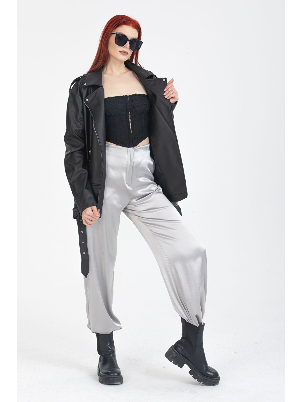 Siyah Kadın Oversıze Tarz Uzun Deri Ceket-2