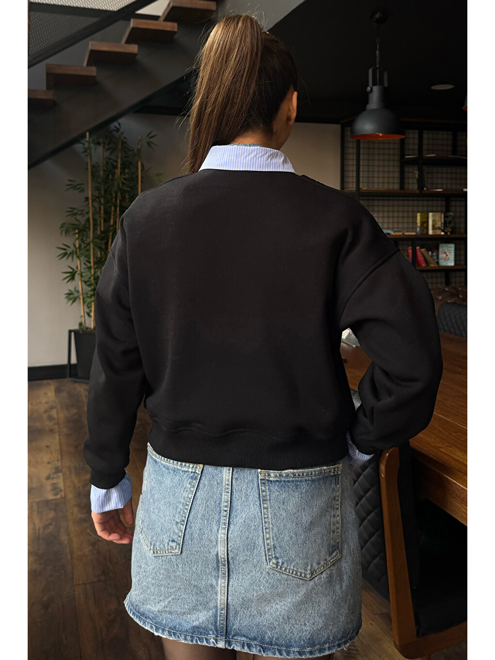 Siyah Kadın Üç İplik Şardonlu Gömlek Garnili Sweatshirt-3