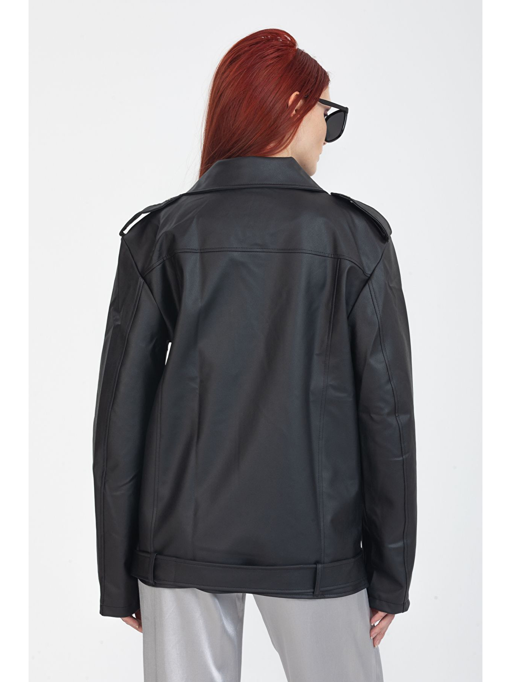 Siyah Kadın Oversıze Tarz Uzun Deri Ceket-3