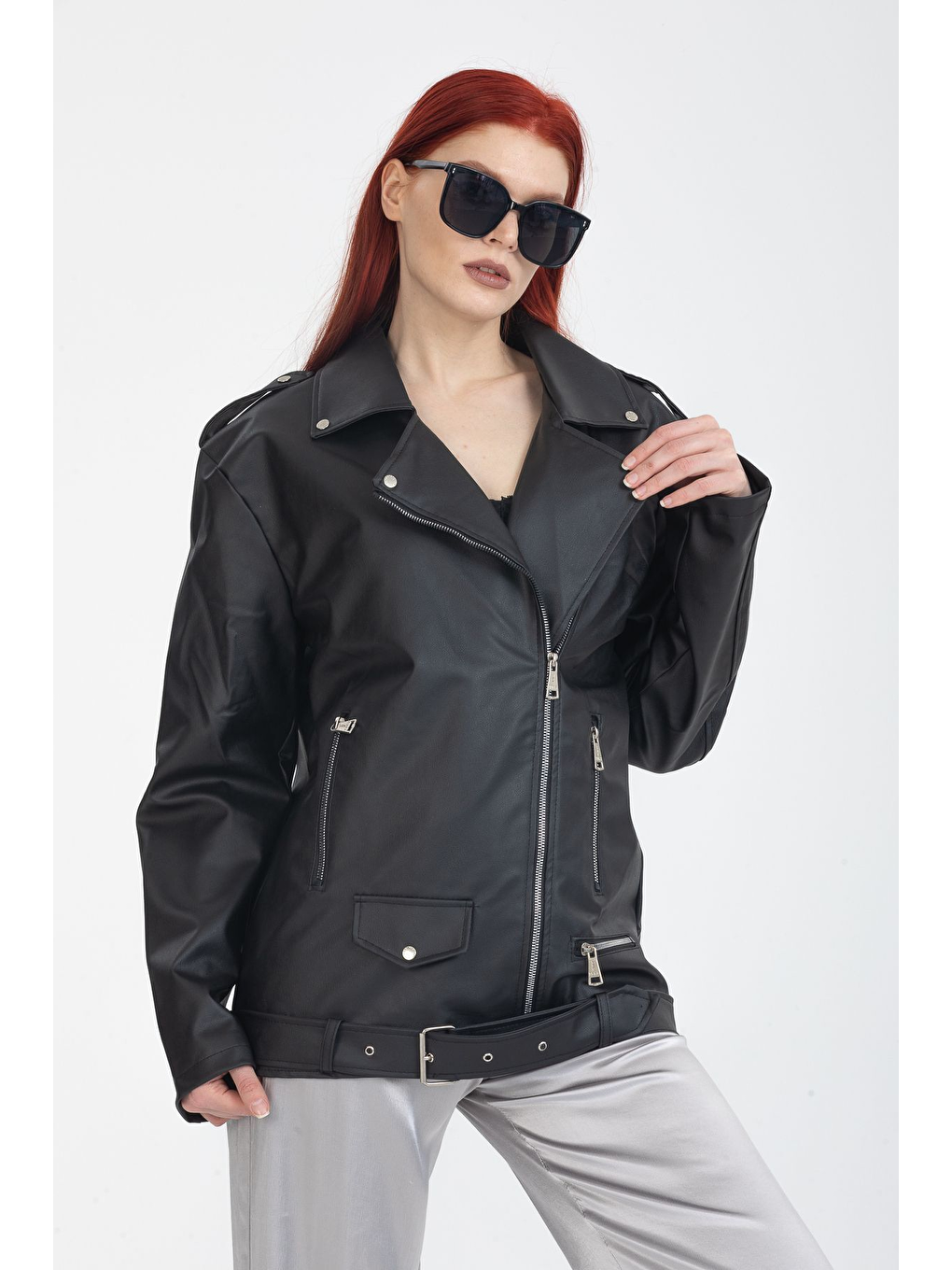 Siyah Kadın Oversıze Tarz Uzun Deri Ceket-4